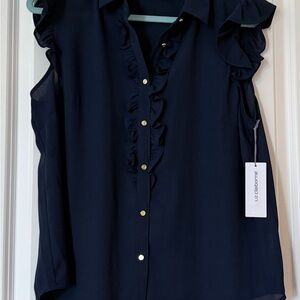 Liz Claiborne Navy Ruffle Button-Front Sleeveless Top